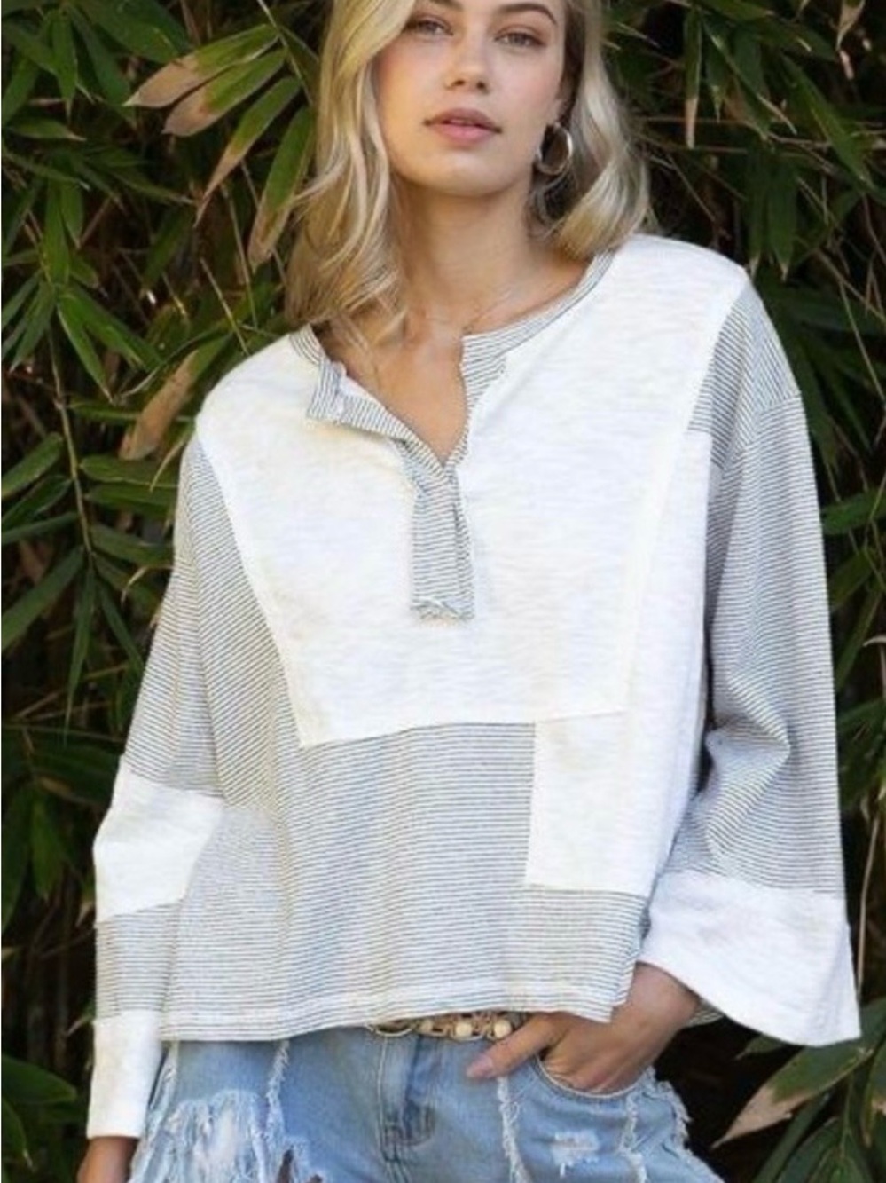 POL Mixed Media Thermal Knit Top Striped Waffle Raw Hem Oversized Boho Tunic Med - Picture 2 of 10